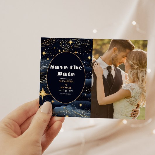 Foto Celestial Midnight Blue Stars Maan Bruiloft Save The Date