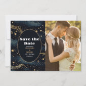 Foto Celestial Midnight Blue Stars Maan Bruiloft Save The Date (Voorkant)