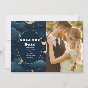 Foto Celestial Midnight Blue Sterren Maan Bruiloft Save The Date