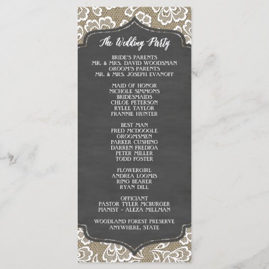 Foto Chalkboard Burlap Lace Trouwprogramma's Programma (Achterkant)