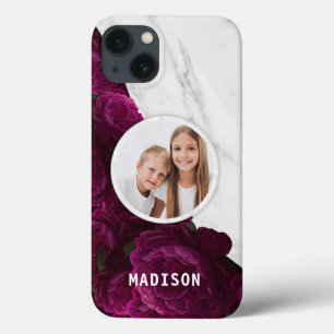 Foto: Chic Modern Paars Floral Marble Custom Name iPhone 13 Hoesje