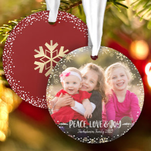 Foto Christmas Peace Love Joy Gold Snowflake Bold Ornament