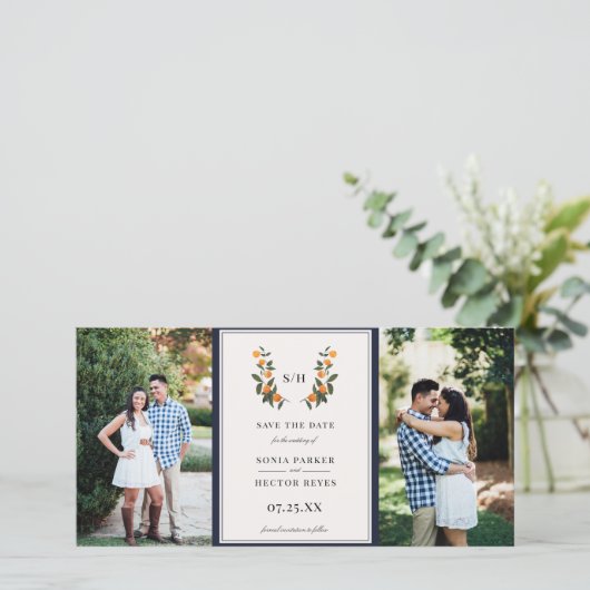 Foto Citrus Crest Monogram Save The Date (Staand voorkant)