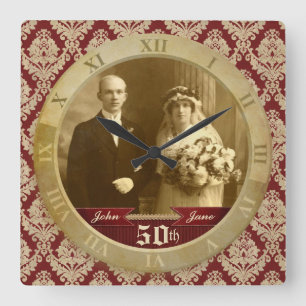 foto Clock Red Damask Roman Numeral Vierkante Klok