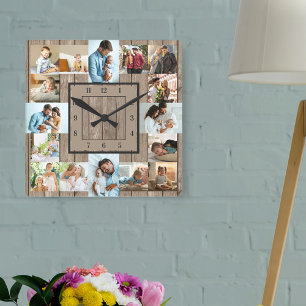 Foto collage 16 afbeeldingen rustieke houten genum vierkante klok