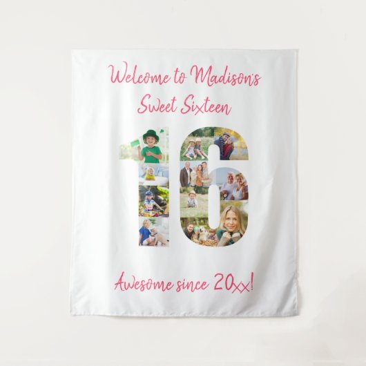 Foto collage 16e verjaardagsfeestje roze achtergro wandkleed (Voorkant)