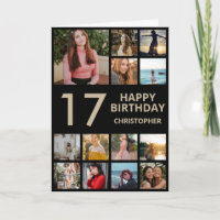 Foto-collage 17e verjaardag 13 foto's zwart & goud