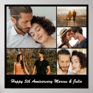 Foto-collage 5 foto-raster aangepast vierkant zwar poster