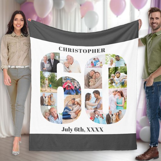 Foto Collage 60th Birthday Gray White Afbeelding Fleece Deken