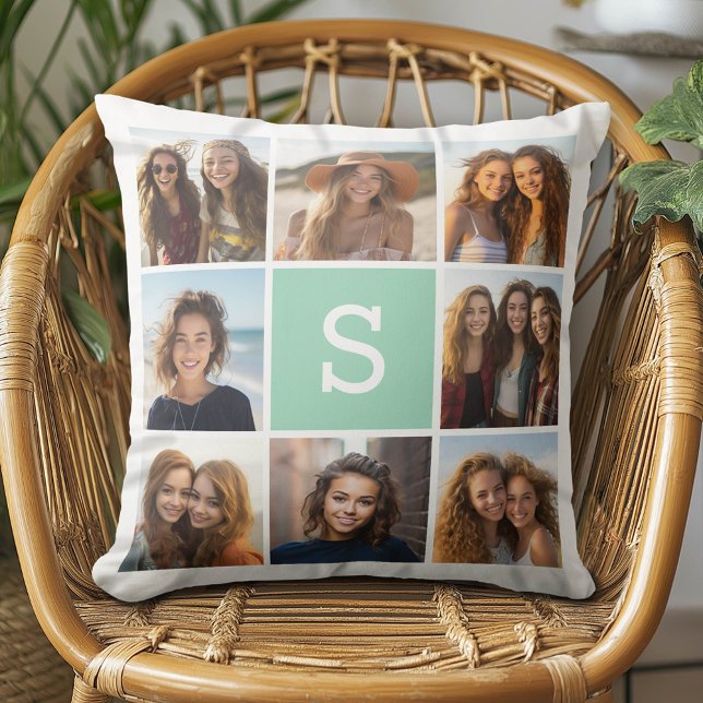 Foto Collage Aangepast Initiaal Muntgroen Kussen (Custom Photo Collage Pillow)