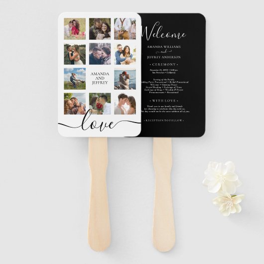 Foto Collage Black and White Wedding Program Hand Handwaaier (Voorkant en achterkant)
