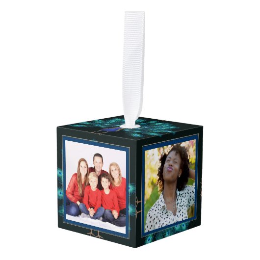 Foto Collage CUBE Kerstversiering Peacock 2 Kubus Ornament (Voorkant hoekig)