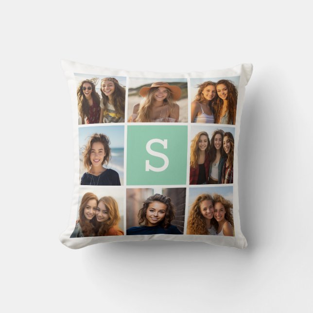 Foto Collage Custom Monogram Mint Green Kussen (Voorkant)