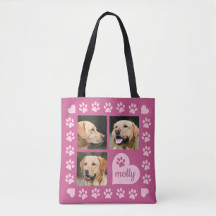 Foto Collage Dog Naam Roze Heart Draagtas