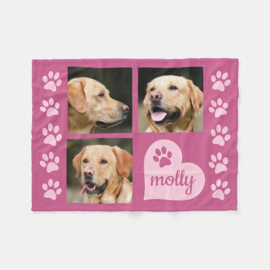 Foto Collage Dog Naam Roze Heart Fleece Deken (Voorkant (Horizontaal))