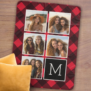 Foto-collage en monogram rood zwart Buffalo Plaid Sherpa Deken