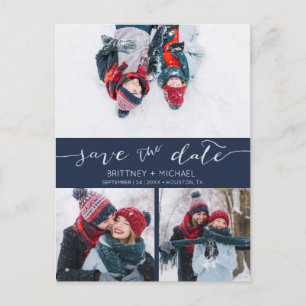 Foto Collage Handgeschreven Save the Date Navy Blu Aankondigingskaart
