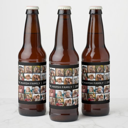 Foto collage met familienaam Datum - zwart Bier Etiket (Flessen)
