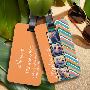 Foto collage met Oranje en Blauwgroen Chevrons Bagagelabel