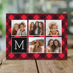 Foto Collage - Monogram Rode Zwarte Buffalo Plaid Briefkaart