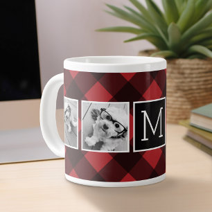 Foto Collage - Monogram Rode Zwarte Buffalo Plaid Jumbo Mok