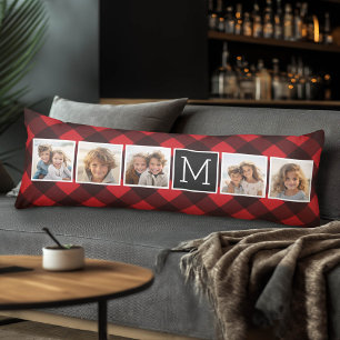 Foto Collage - Monogram Rode Zwarte Buffalo Plaid Lichaamskussen