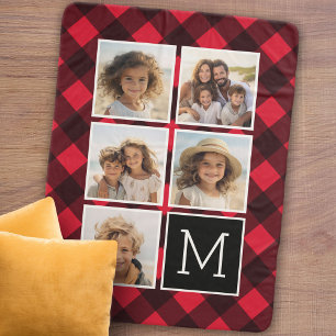 Foto Collage Monogram Rood Zwart Buffalo Plaid Sherpa Deken