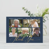 Foto Collage Navy & Gold Calligraphy Funeral Bedankkaart (Staand voorkant)