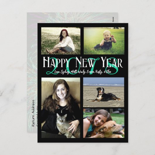 Foto Collage Neon Green Happy Nieuwjaar Feestdagenkaart (Voorkant / Achterkant)