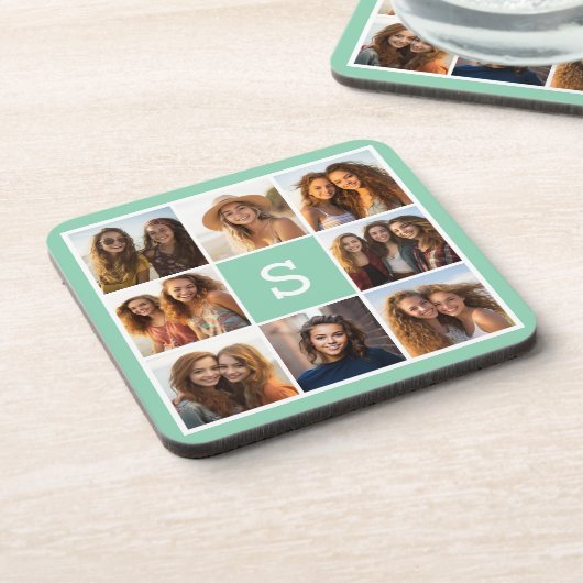 Foto collage op maat monogram mintgroen bier onderzetter (Linkerzijde)