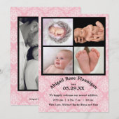 Foto: Collage Pink Damask-Birth Announding Aankondiging (Voorkant / Achterkant)