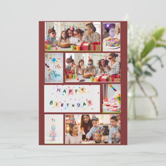 Foto Collage Verjaardag Kaart - Rood met 7 Lijsten (Staand voorkant)