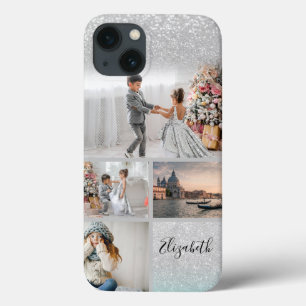 Foto Collage Zilver Glitter Bokeh Uw Naam iPhone 13 Hoesje