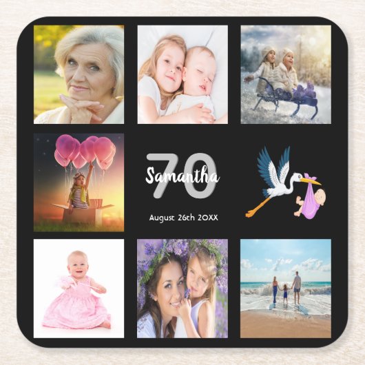 Foto collage zwart voor 70e verjaardagsfeestje vierkante kartonnen onderzetter (Voorkant)