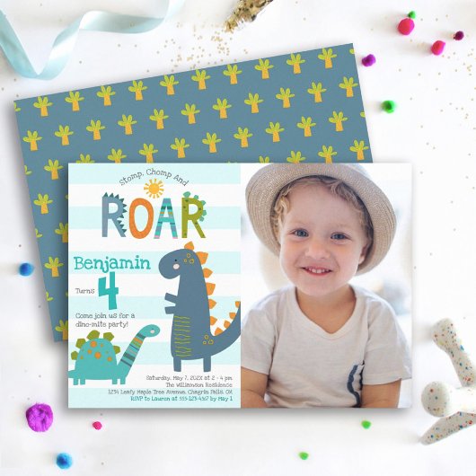 Foto Cute Dinosaurs Stomp Chomp Roar Boy Birthday Kaart