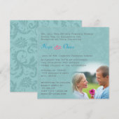 Foto: Damask Aqua Blue Pink Wedding Invitation Kaart (Voorkant / Achterkant)