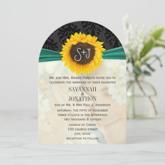 Foto  Damask Emerald Sunflower Wedding Kaart (Staand voorkant)