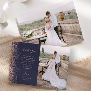 Foto Dark Blue Roos Gold Glitter Script Wedding Bedankkaart