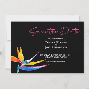 Foto Dark Tropical Bird of Paradise Beach Wedding Save The Date