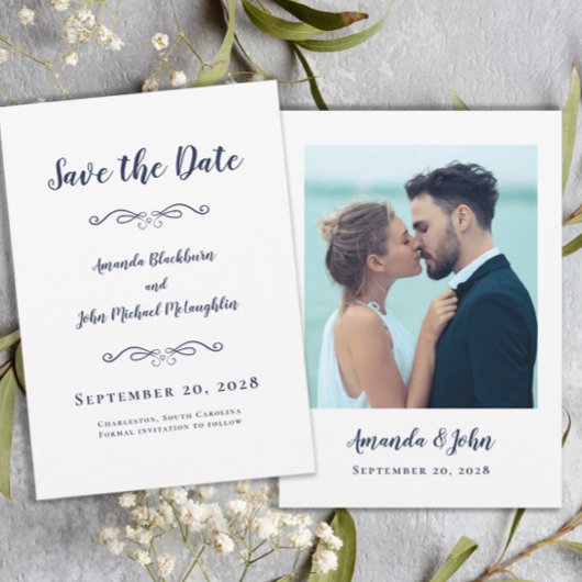 Foto Delicate Script Romantic Calligraphy Blue Save The Date