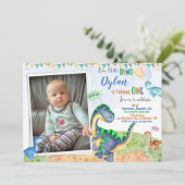 Foto: Dinosaur verjaardagsuitnodiging 1e verjaarda Kaart (Staand voorkant)