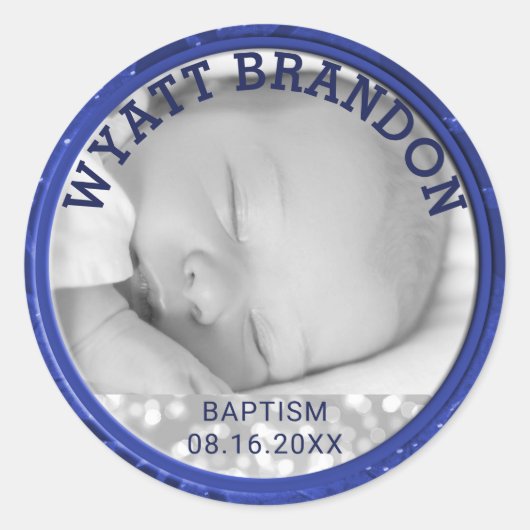 Foto doop gunst | Blauw aangepaste naam Datum Labe Ronde Sticker (Voorkant)