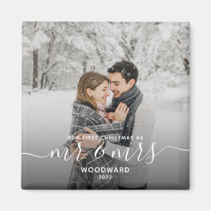 Foto Eerste Kerstmis Getrouwd Witte Script Magneet