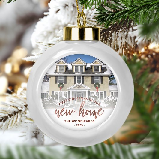 Foto Eerste Kerstmis Nieuw Huis Roos Goud Script Keramische Bal Ornament