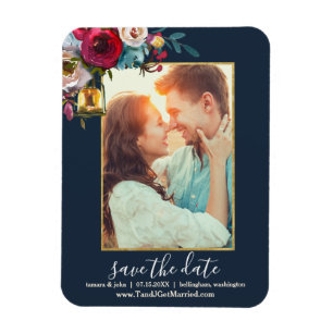 Foto Elegant Burgundy Navy Floral Save the Date Magneet