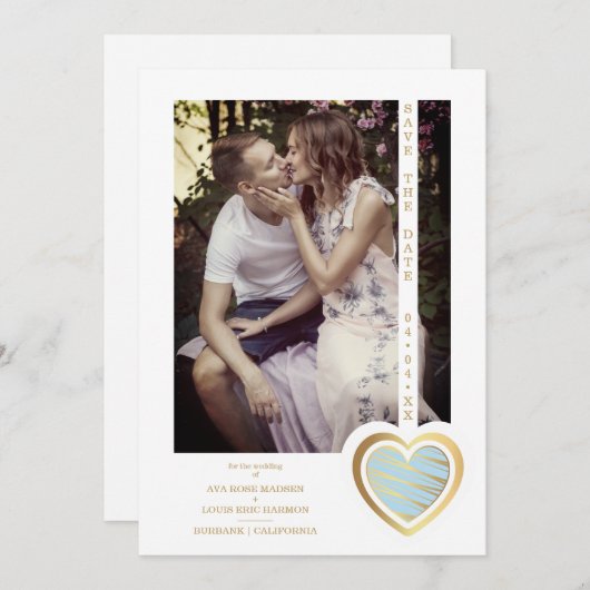 Foto: Elegant Light Blue & Gold Effect Heart Save The Date (Voorkant / Achterkant)