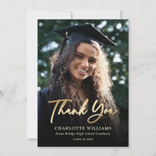 Foto Elegant Modern Script Zwart Goud Afstuderen Bedankkaart (Voorkant)