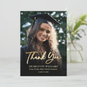 Foto Elegant Modern Script Zwart Goud Afstuderen Bedankkaart (Staand voorkant)