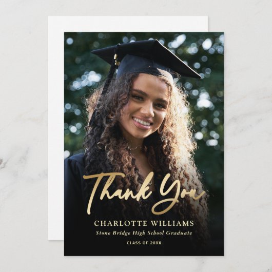 Foto Elegant Modern Script Zwart Goud Afstuderen Bedankkaart (Voorkant / Achterkant)