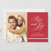 Foto Elegant Red Peace and Joy Script Feestdagenkaart (Voorkant)